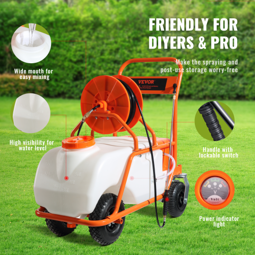 VEVOR 0-90 PSI Battery Powered Lawn Sprayer on Wheel, Adjustable Pressure, 15 Gallon Tank, Cart Sprayer with 8 Nozzles and 2 Wands, 12V 12Ah Battery,