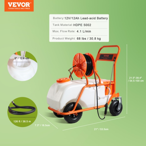 VEVOR 0-90 PSI Battery Powered Lawn Sprayer on Wheel, Adjustable Pressure, 15 Gallon Tank, Cart Sprayer with 8 Nozzles and 2 Wands, 12V 12Ah Battery,
