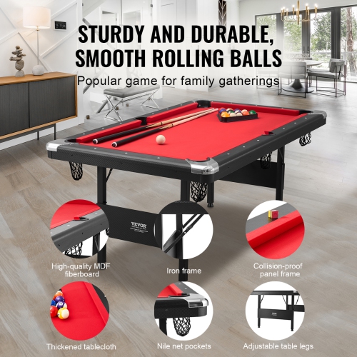 VEVOR 6.3 ft Billiards Table, Pool Table, Portable Foldable Space-Saving Table, Billiard Table Set Includes Balls, Cues, Chalks and Brush, Black with