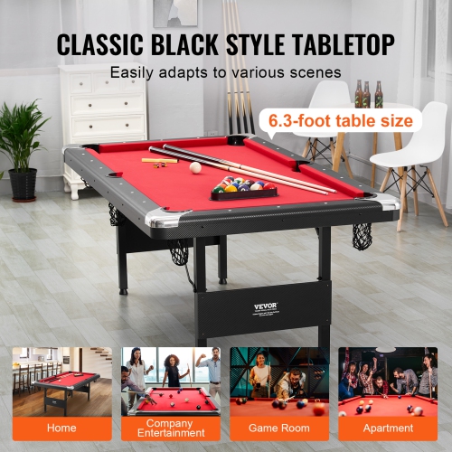 VEVOR 6.3 ft Billiards Table, Pool Table, Portable Foldable Space-Saving Table, Billiard Table Set Includes Balls, Cues, Chalks and Brush, Black with