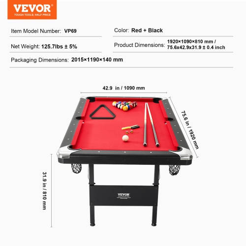 VEVOR 6.3 ft Billiards Table, Pool Table, Portable Foldable Space-Saving Table, Billiard Table Set Includes Balls, Cues, Chalks and Brush, Black with