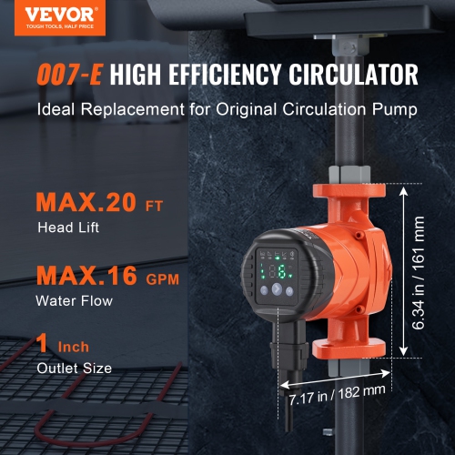 VEVOR 007E-2F2 Hot Water Recirculating Pump, 110V, 42W 16 GPM High Efficiency Circulator Pump, EMC Automatic Circulation Pump 1" NPT Flange