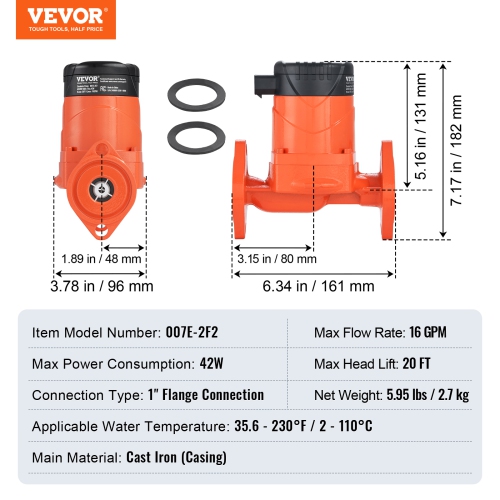 VEVOR 007E-2F2 Hot Water Recirculating Pump, 110V, 42W 16 GPM High Efficiency Circulator Pump, EMC Automatic Circulation Pump 1" NPT Flange