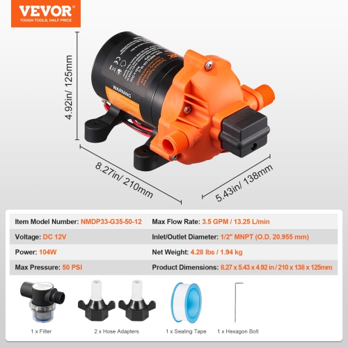 VEVOR 12V Diaphragm Pump, 3.5 GPM, 3-Chamber 12 Volt DC Water Pump with Automatic Pressure Switch 40-100 PSI Adjustable, 50 PSI, 1/2'' MNPT Port, for