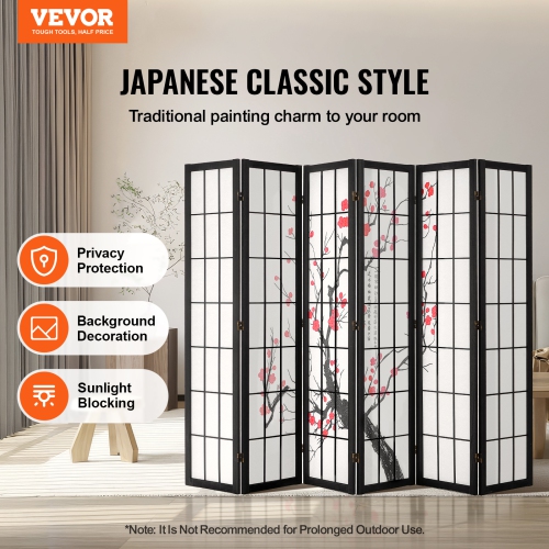 VEVOR 6 Panel Room Divider, Japanese Room Divider Screen, Wood Folding Privacy Screen Indoor, Japanese Partition Portable Decoration Dividers, for