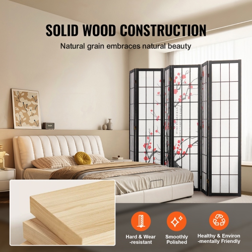 VEVOR 6 Panel Room Divider, Japanese Room Divider Screen, Wood Folding Privacy Screen Indoor, Japanese Partition Portable Decoration Dividers, for