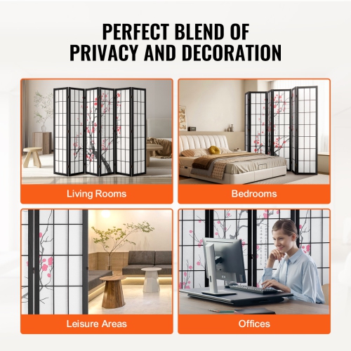 VEVOR 6 Panel Room Divider, Japanese Room Divider Screen, Wood Folding Privacy Screen Indoor, Japanese Partition Portable Decoration Dividers, for