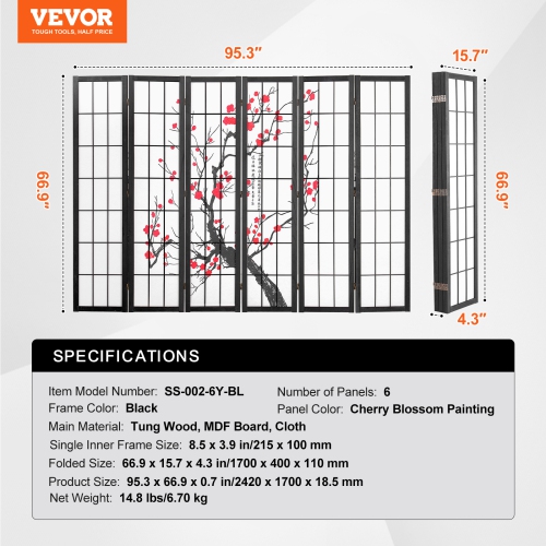 VEVOR 6 Panel Room Divider, Japanese Room Divider Screen, Wood Folding Privacy Screen Indoor, Japanese Partition Portable Decoration Dividers, for