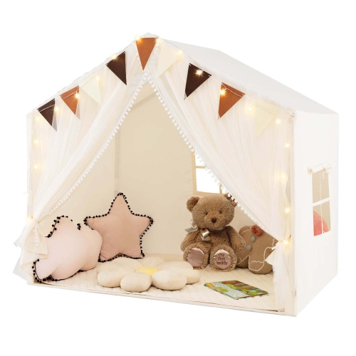COSTWAY  Honeyjoy Kids Play Tent With Door Curtains Windows Star Lights Colorful Flags Padded Mat