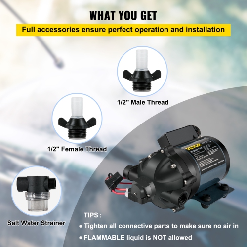 VEVOR 12V DC Washdown Pump, 7 GPM 60 PSI, Max. 10 FT Lift Self Priming Water Pump, with EPDM Valve, Universal Salt Water Strainer & Female/Male