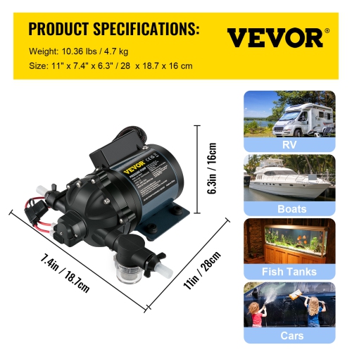 VEVOR 12V DC Washdown Pump, 7 GPM 60 PSI, Max. 10 FT Lift Self Priming Water Pump, with EPDM Valve, Universal Salt Water Strainer & Female/Male