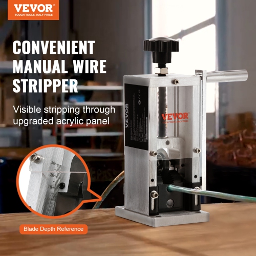 VEVOR 0.06''-1.18'' Copper Wire Stripper, Wire Stripper with Hand Crank or Drill Powered, Visible Stripping Depth Reference, Portable Aluminum Frame