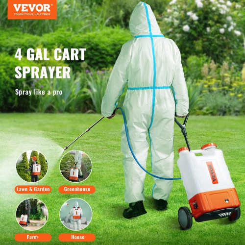 VEVOR 0-94 PSI Battery Powered Backpack Sprayer with Cart, Adjustable Pressure, 4 Gallon Tank on Wheels, with 8 Nozzles and 2 Wands, 12V 7.2Ah