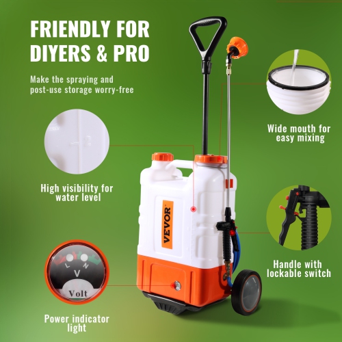 VEVOR 0-94 PSI Battery Powered Backpack Sprayer with Cart, Adjustable Pressure, 4 Gallon Tank on Wheels, with 8 Nozzles and 2 Wands, 12V 7.2Ah