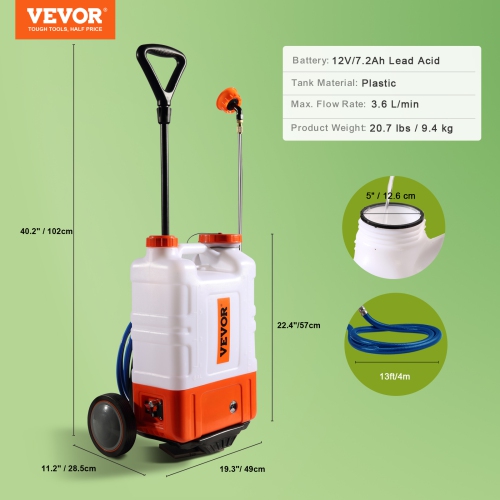 VEVOR 0-94 PSI Battery Powered Backpack Sprayer with Cart, Adjustable Pressure, 4 Gallon Tank on Wheels, with 8 Nozzles and 2 Wands, 12V 7.2Ah