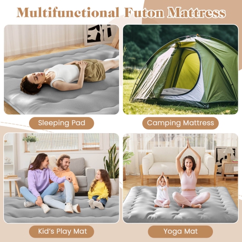 Costway Twin/Queen Futon Mattress Japanese Floor Pad Washable Cover Carry Bag Grey