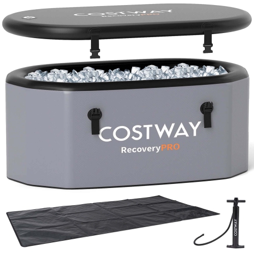 Costway XL 129 Gal Oval Ice Bath Tub for Athletes with Cover Hand Pump Backpack for Adults Gray/Black