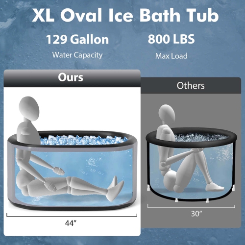 Costway XL 129 Gal Oval Ice Bath Tub for Athletes with Cover Hand Pump Backpack for Adults Gray/Black