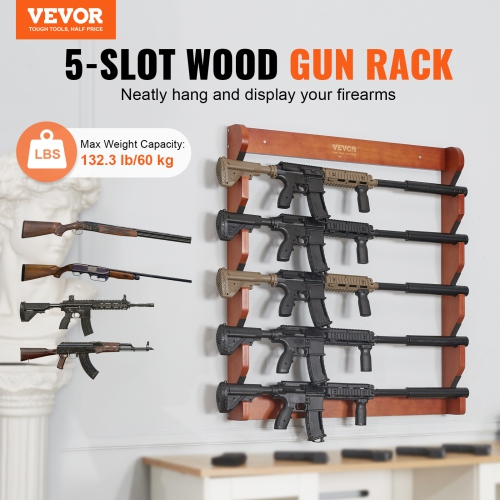 VEVOR 132 lb Gun Rack, Wood Gun Rack Wall Mount, Gun Display Rack holds 5 Rifles, Shotguns, Heavy Duty Wall Storage Display Rifle Rack with Soft