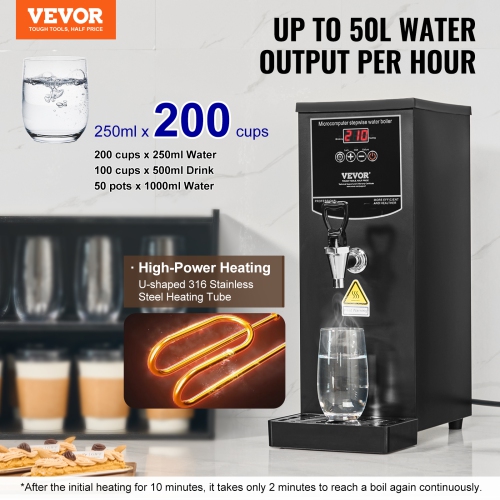 VEVOR 1500W Commercial Water Boiler,Electric Hot Water Dispenser with 316 Stainless Steel Heating Tube,Fast Heating 50L per Hour Hot Water Boiler,