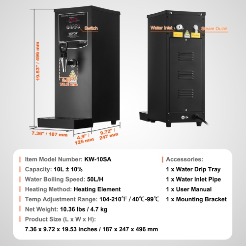 VEVOR 1500W Commercial Water Boiler,Electric Hot Water Dispenser with 316 Stainless Steel Heating Tube,Fast Heating 50L per Hour Hot Water Boiler,