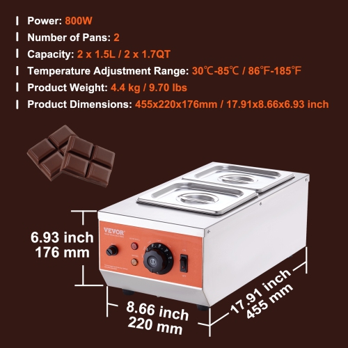 VEVOR 9 Lbs Chocolate Tempering Machine, 2 Tanks Chocolate Melting Pot with TEMP 86~185℉, 800W Stainless Steel Electric Food Warmer For