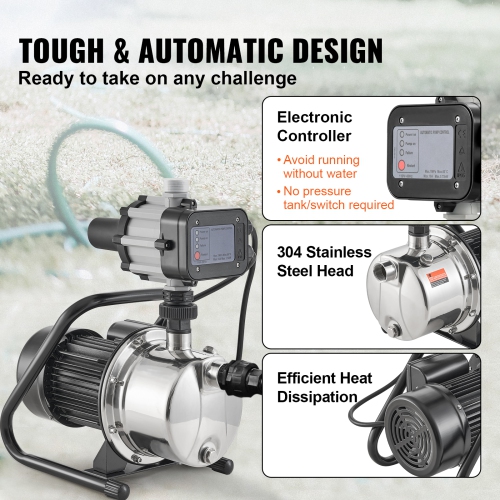 VEVOR 1HP Shallow Well Pump, 115V, 1200 GPH 145 ft Head, Max 87 psi, Stainless Steel Sprinkler Booster Jet Pumps with Automatic Controller for Garden