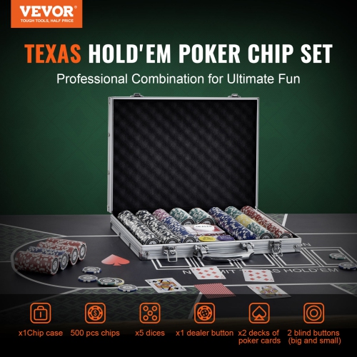 VEVOR 500-Piece Poker Chip Set,Complete Poker Playing Game Set with Aluminum Carrying Case,11.5 Gram Casino Chips,Cards, Buttons and Dices, for Texas