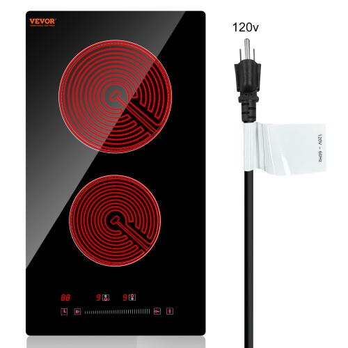 VEVOR 20 x 11.6 inch Electric Stove Top,2 Burners, 240V Glass Radiant Cooktop with Sensor Touch Control, Timer & Child Lock Included, 9 Power Levels