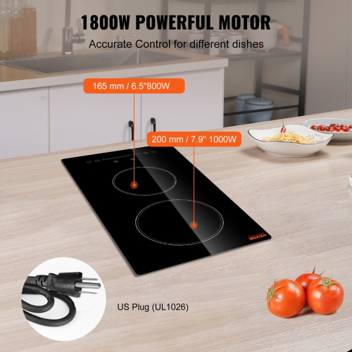 VEVOR 20 x 11.6 inch Electric Stove Top,2 Burners, 240V Glass Radiant Cooktop with Sensor Touch Control, Timer & Child Lock Included, 9 Power Levels