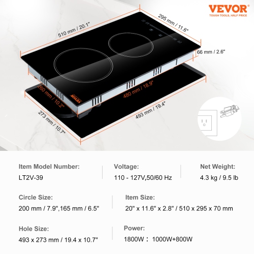 VEVOR 20 x 11.6 inch Electric Stove Top,2 Burners, 240V Glass Radiant Cooktop with Sensor Touch Control, Timer & Child Lock Included, 9 Power Levels