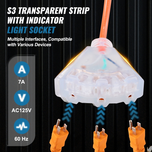 VEVOR 30 FT Retractable Extension Cord Reel,16AWG/3C SJTOW Power Cord, with Lighted Triple Tap Outlet 10 Amp Circuit Breaker, for Ceiling or Wall