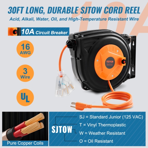 VEVOR 30 FT Retractable Extension Cord Reel,16AWG/3C SJTOW Power Cord, with Lighted Triple Tap Outlet 10 Amp Circuit Breaker, for Ceiling or Wall