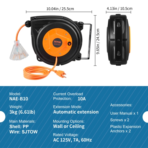 VEVOR 30 FT Retractable Extension Cord Reel,16AWG/3C SJTOW Power Cord, with Lighted Triple Tap Outlet 10 Amp Circuit Breaker, for Ceiling or Wall
