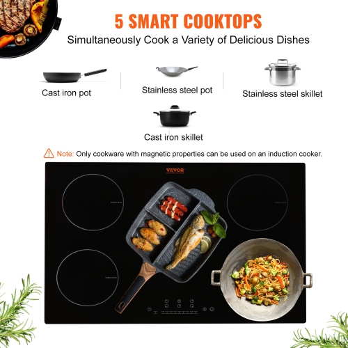 VEVOR 36'' Electric Induction Stove Top, 5 Burners, Magnetic Cooktop 9200W, 9 Heating Level Multifunctional Burner, LED Touch Screen w/ Child Lock &