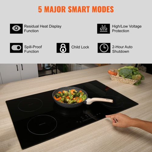 VEVOR 36'' Electric Induction Stove Top, 5 Burners, Magnetic Cooktop 9200W, 9 Heating Level Multifunctional Burner, LED Touch Screen w/ Child Lock &