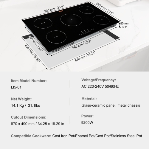 VEVOR 36'' Electric Induction Stove Top, 5 Burners, Magnetic Cooktop 9200W, 9 Heating Level Multifunctional Burner, LED Touch Screen w/ Child Lock &