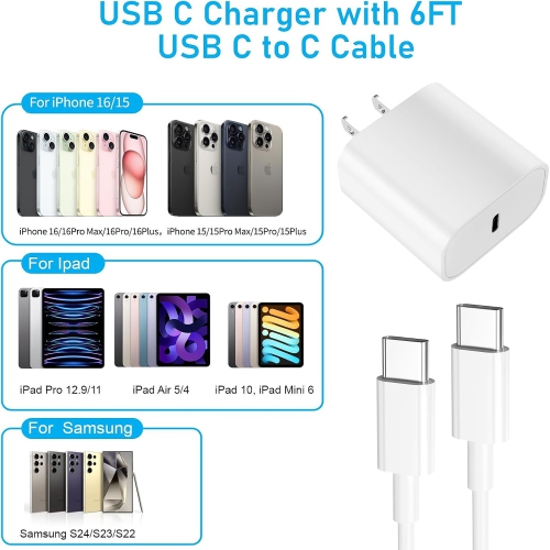 Gqohrt USB-C Fast Charger for iPhone 16/15 with USB-C to C Cable