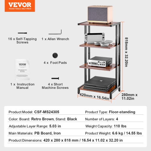 VEVOR 4-Tier AV Media Stand, Corner TV Stand, Height Adjustable Wooden Shelves for DVD Players/Cable Boxes/Games Consoles, Brown