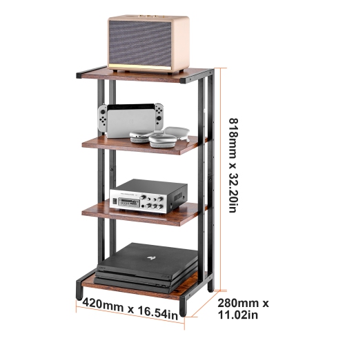VEVOR 4-Tier AV Media Stand, Corner TV Stand, Height Adjustable Wooden Shelves for DVD Players/Cable Boxes/Games Consoles, Brown