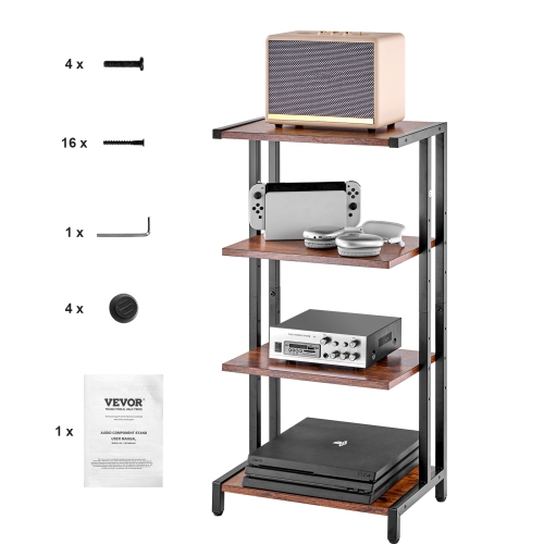 VEVOR 4-Tier AV Media Stand, Corner TV Stand, Height Adjustable Wooden Shelves for DVD Players/Cable Boxes/Games Consoles, Brown