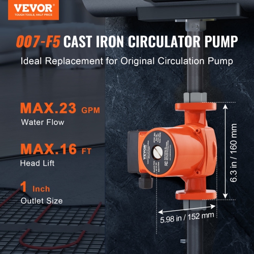 VEVOR 007-F5-7IFC Hot Water Recirculating Pump, 110V, 70W 23 GPM Hot Water Circulation Pump, 1" NPT Flange 3-Speed Circulator Pump, Quiet Operation,