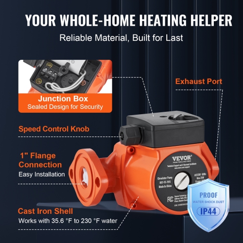 VEVOR 007-F5-7IFC Hot Water Recirculating Pump, 110V, 70W 23 GPM Hot Water Circulation Pump, 1" NPT Flange 3-Speed Circulator Pump, Quiet Operation,