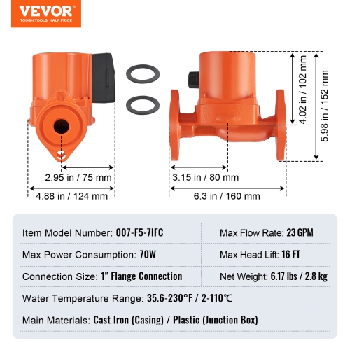 VEVOR 007-F5-7IFC Hot Water Recirculating Pump, 110V, 70W 23 GPM Hot Water Circulation Pump, 1" NPT Flange 3-Speed Circulator Pump, Quiet Operation,