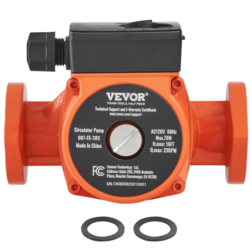 VEVOR 007-F5-7IFC Hot Water Recirculating Pump, 110V, 70W 23 GPM Hot Water Circulation Pump, 1" NPT Flange 3-Speed Circulator Pump, Quiet Operation,