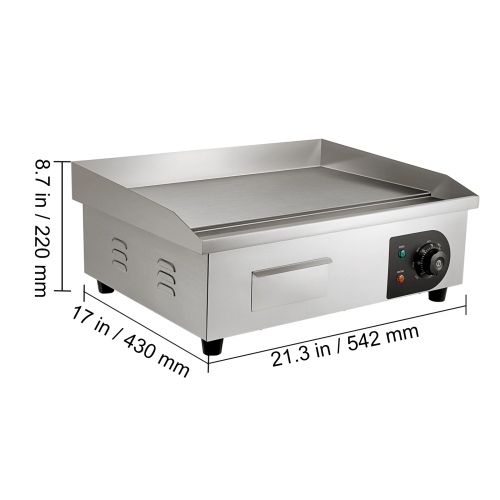 VEVOR 21" Electric Griddle, 1600W Flat Top Grill, Stainless Steel Teppanyaki Grill with Non Stick Iron Cooking Plate, 122-572℉ Adjustable Temp