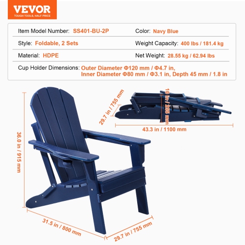 VEVOR Set of 2 Adirondack Chair Plastic, All-Weather Portable Folding Fire Pit Chair, Outdoor Adirondack Patio Chair with Cup Holder, with Relaxing