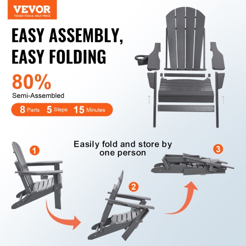 VEVOR Set of 2 Adirondack Chair Plastic, All-Weather Portable Folding Fire Pit Chair, Outdoor Adirondack Patio Chair with Cup Holder, with Relaxing