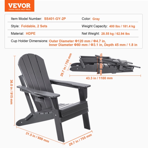 VEVOR Set of 2 Adirondack Chair Plastic, All-Weather Portable Folding Fire Pit Chair, Outdoor Adirondack Patio Chair with Cup Holder, with Relaxing