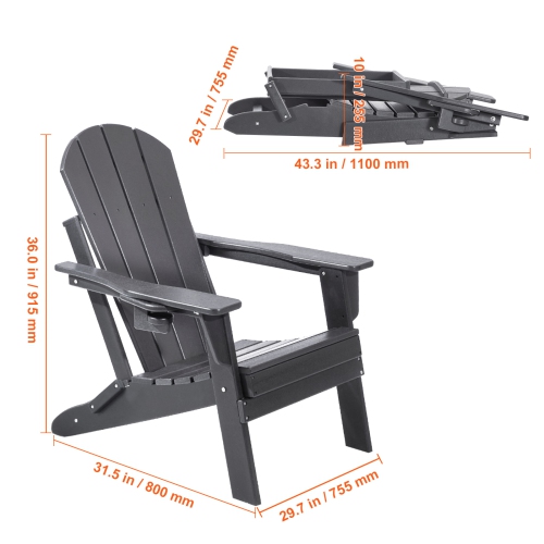 VEVOR Set of 2 Adirondack Chair Plastic, All-Weather Portable Folding Fire Pit Chair, Outdoor Adirondack Patio Chair with Cup Holder, with Relaxing